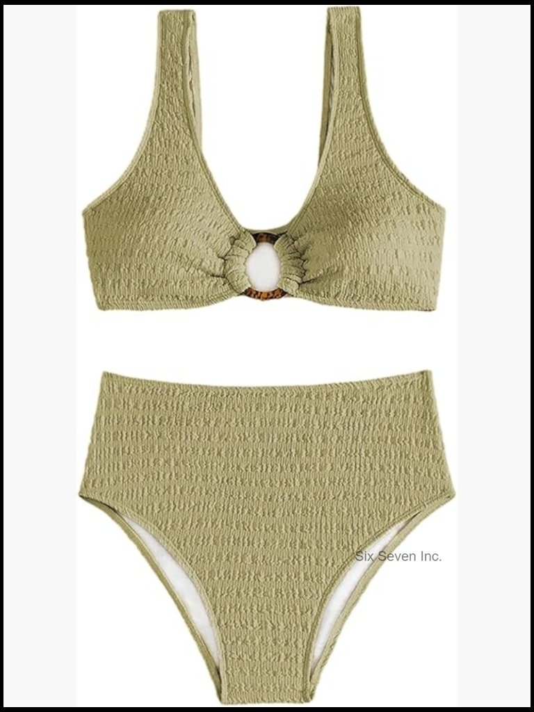 Ring Linked Textured Bikini Set High Waisted V-Neck Swimwear 2 Piece